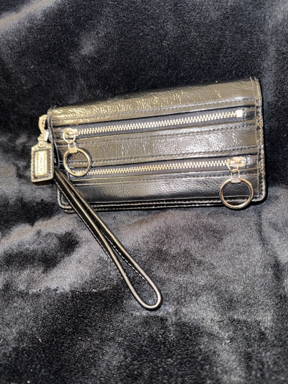 Coach Black Leather Wristlet Clutch with Zip Pocket Accents - Picture 2 of 11